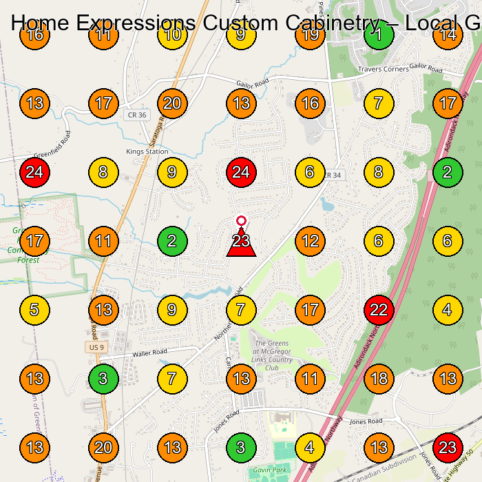 Home Expressions Custom Cabinetry Cabinet Maker GeoGrid ranking map for Wilton NY